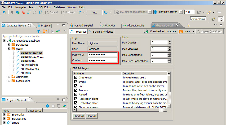  how to change the password of the digipass user in mariadb product